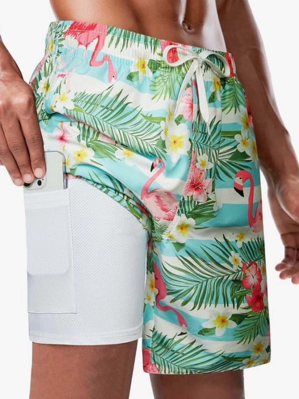 Men’s Tropical Flamingo Swim Trunks - Pink & Blue